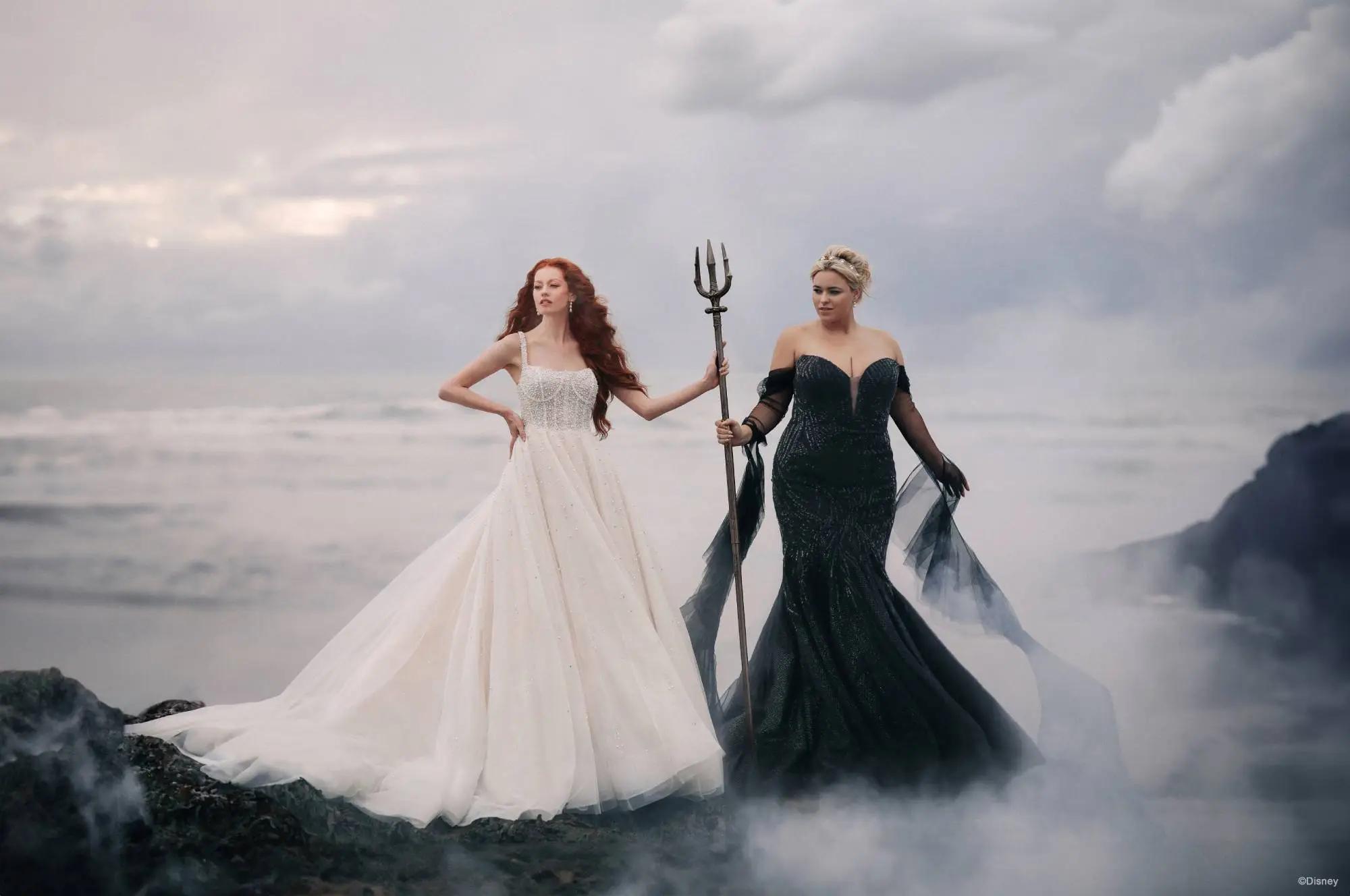 Models wearing Disney Allure Wedding Dress and Disney Villain wedding dress