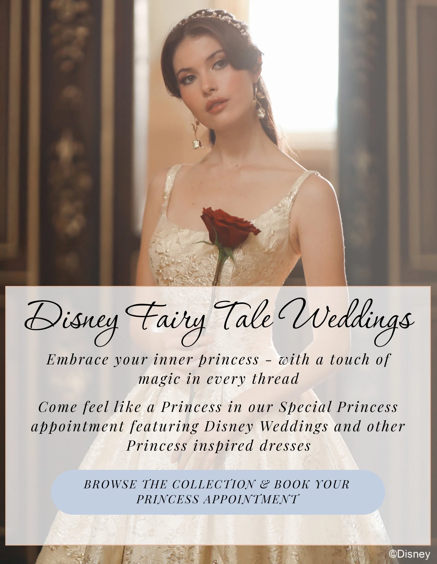 Model wearing a Disney wedding gown. Description of Disney appointment type at Trudys Brides