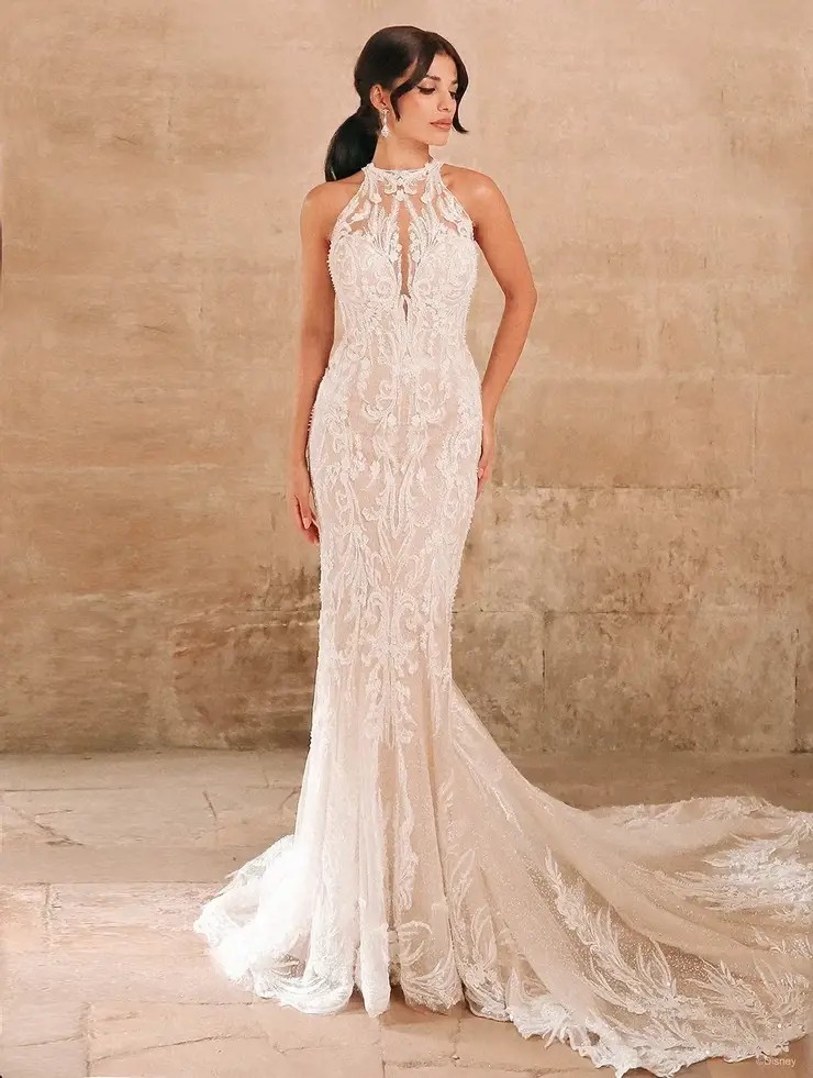 Model wearing white wedding dress