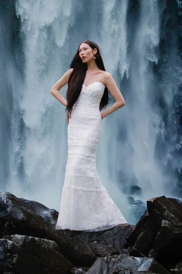 Model wearing white wedding dress