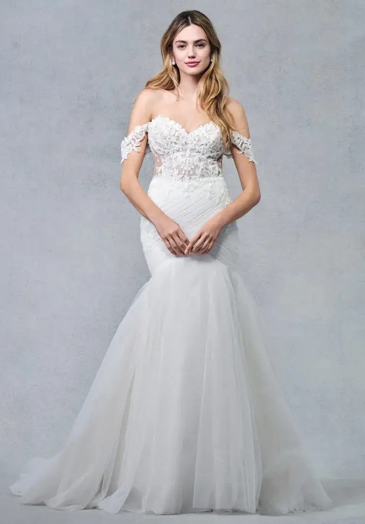 Model wearing white wedding dress