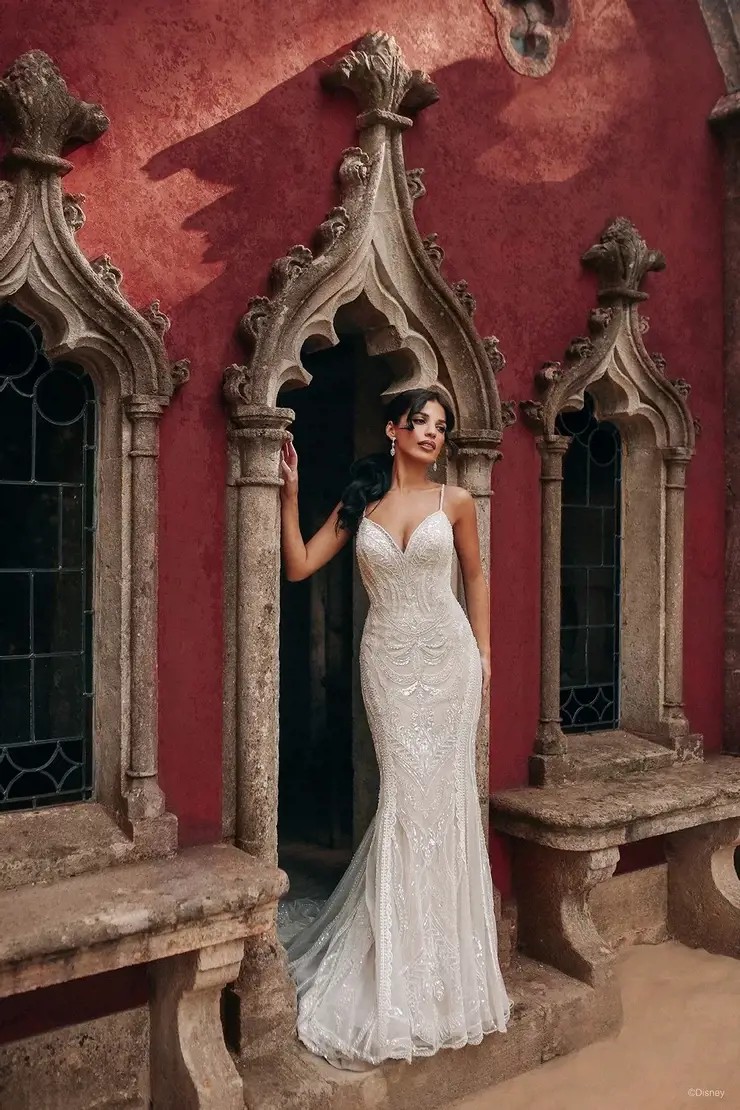 Model wearing white wedding dress