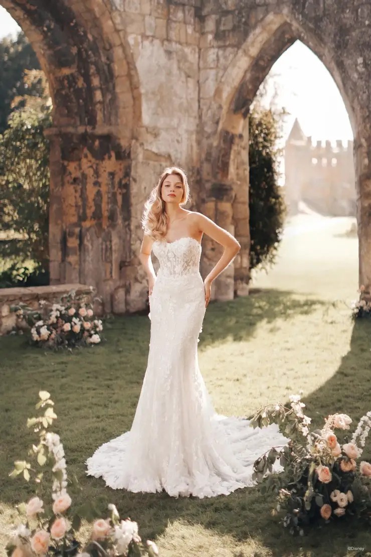 Model wearing white wedding dress