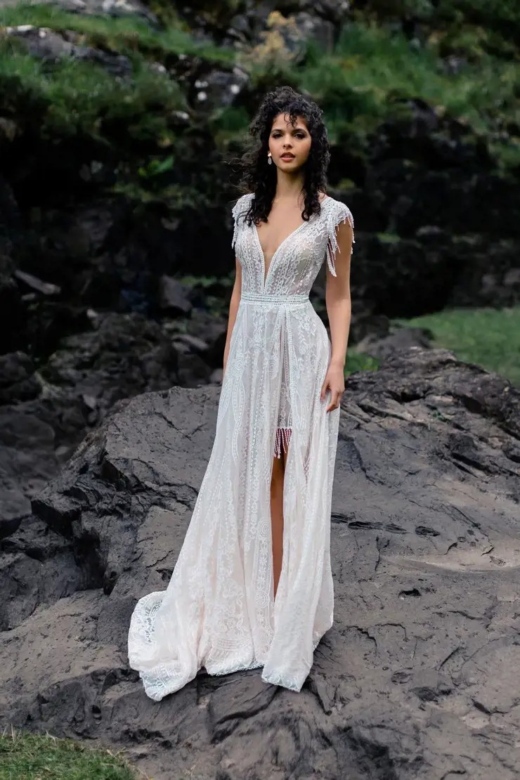 Model wearing a bridal white dress