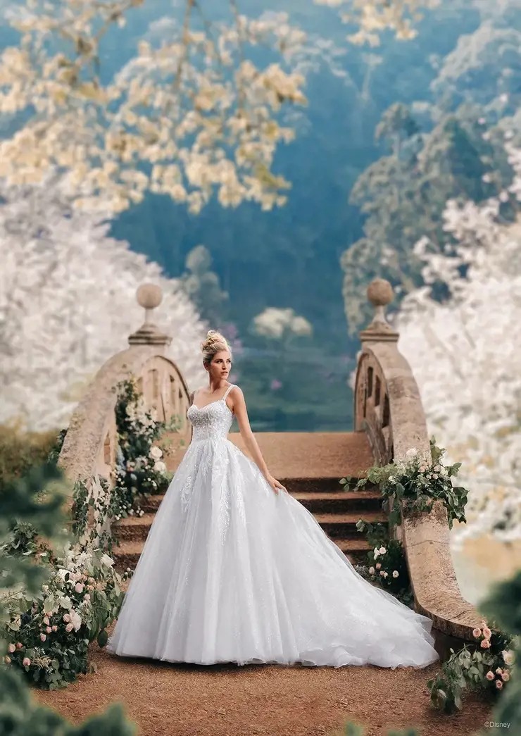 Model wearing white wedding dress