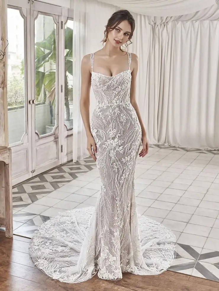 Model wearing a bridal white gown