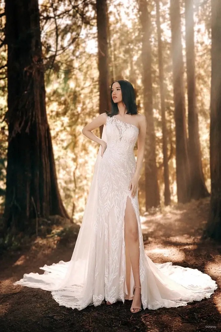 Model wearing white wedding dress