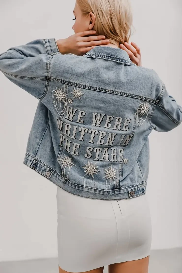 Model wearing jean bridal jacket