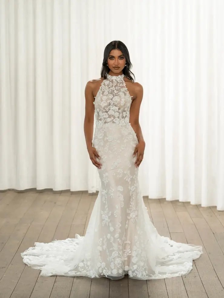 Model wearing white wedding gown