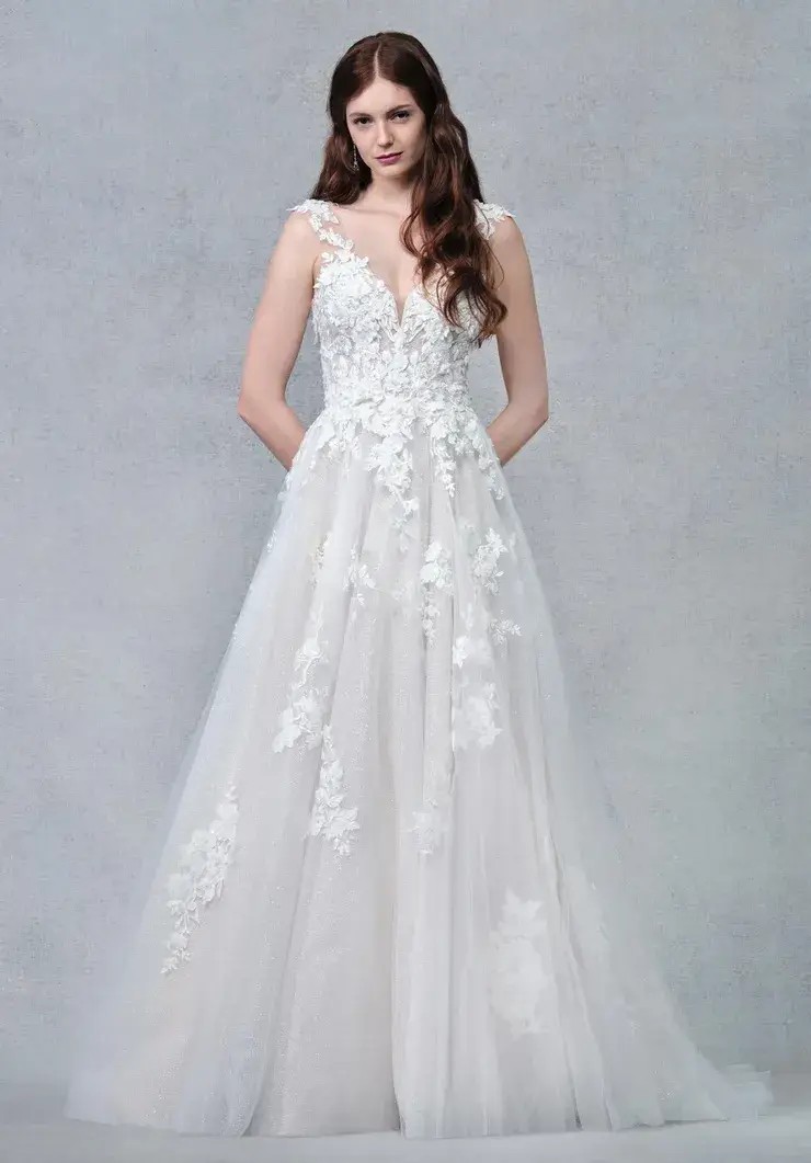 Model wearing white wedding dress