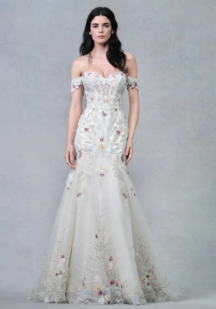 Model wearing white wedding dress