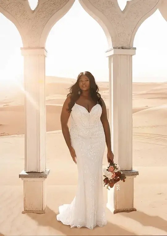 Model wearing white wedding dress