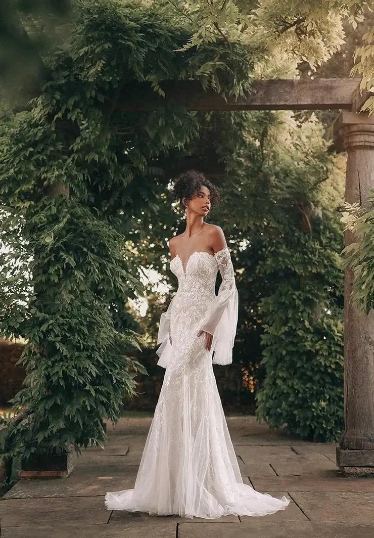 Model wearing white wedding dress