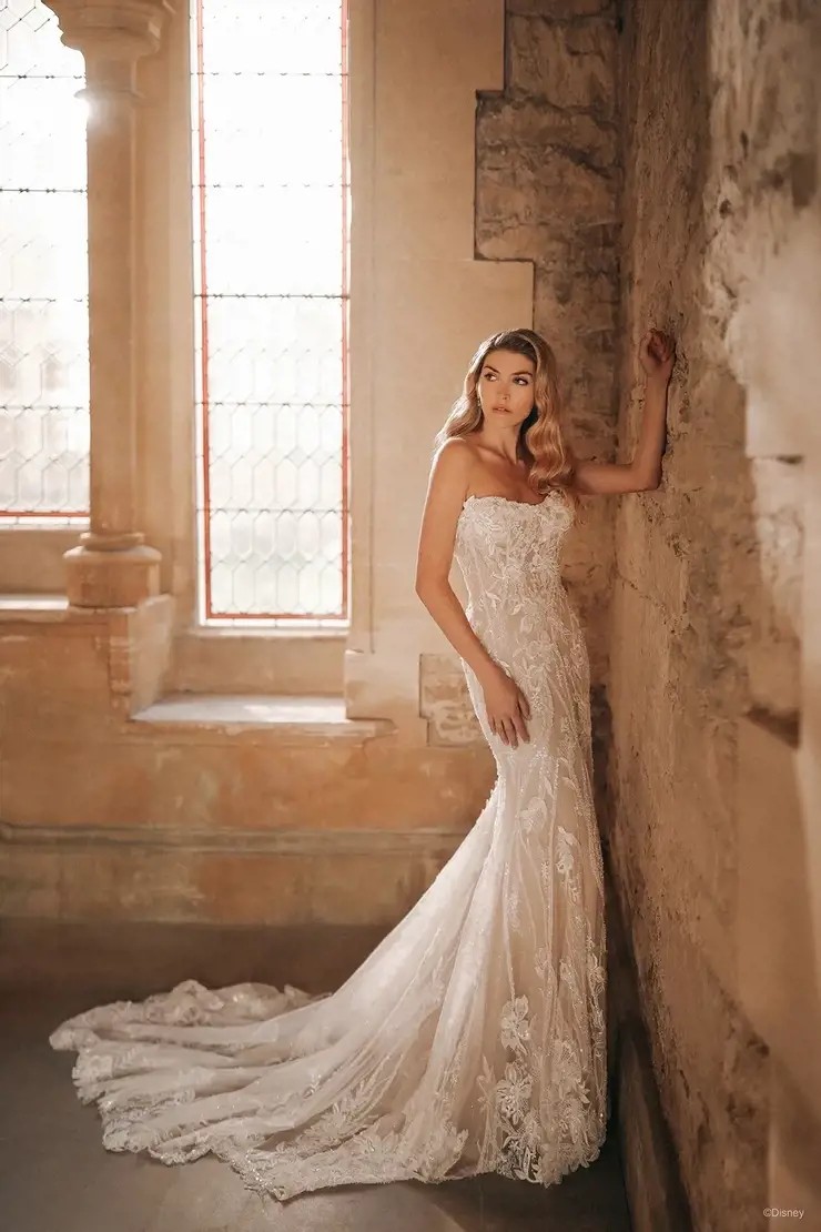 Model wearing white wedding dress