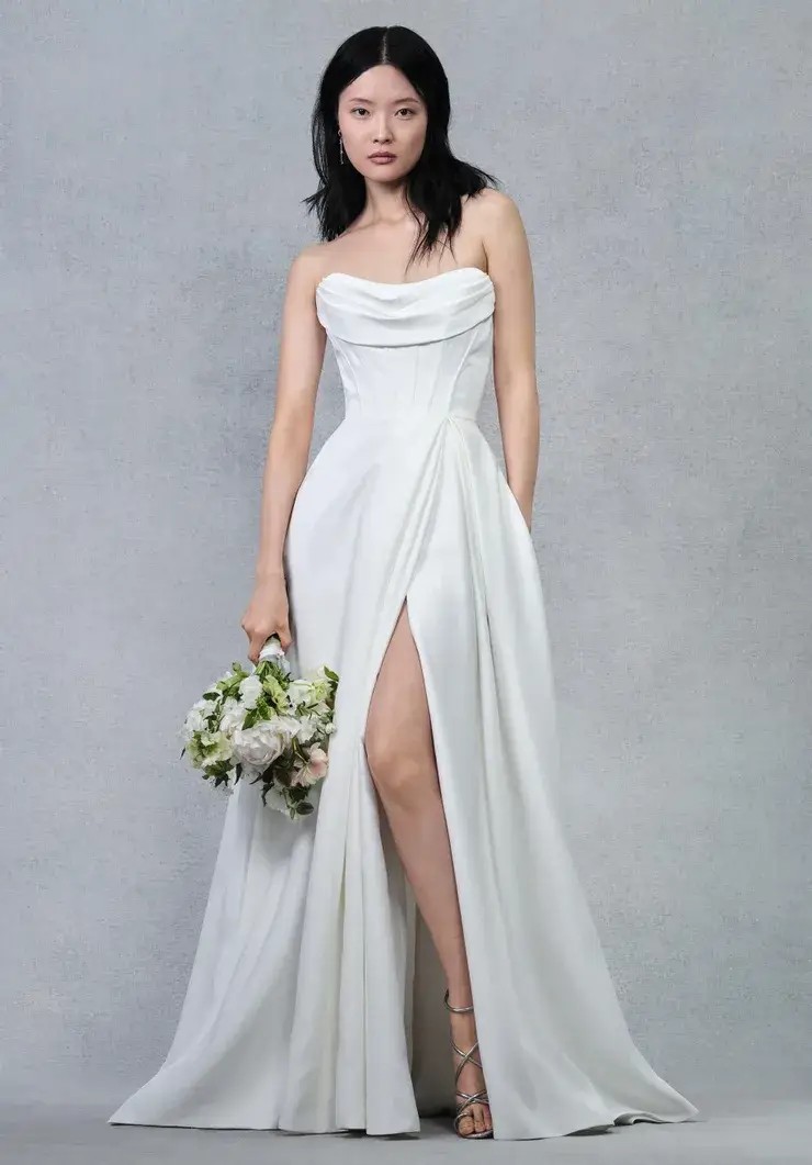 Model wearing white wedding gown
