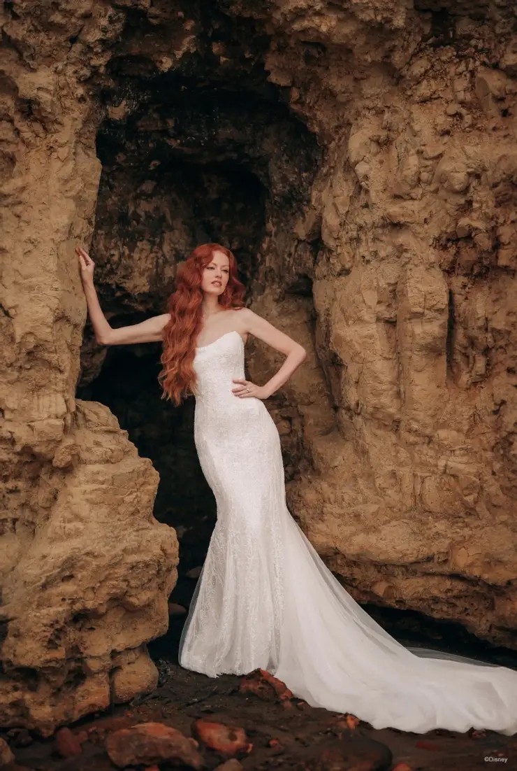 Model wearing white wedding gown