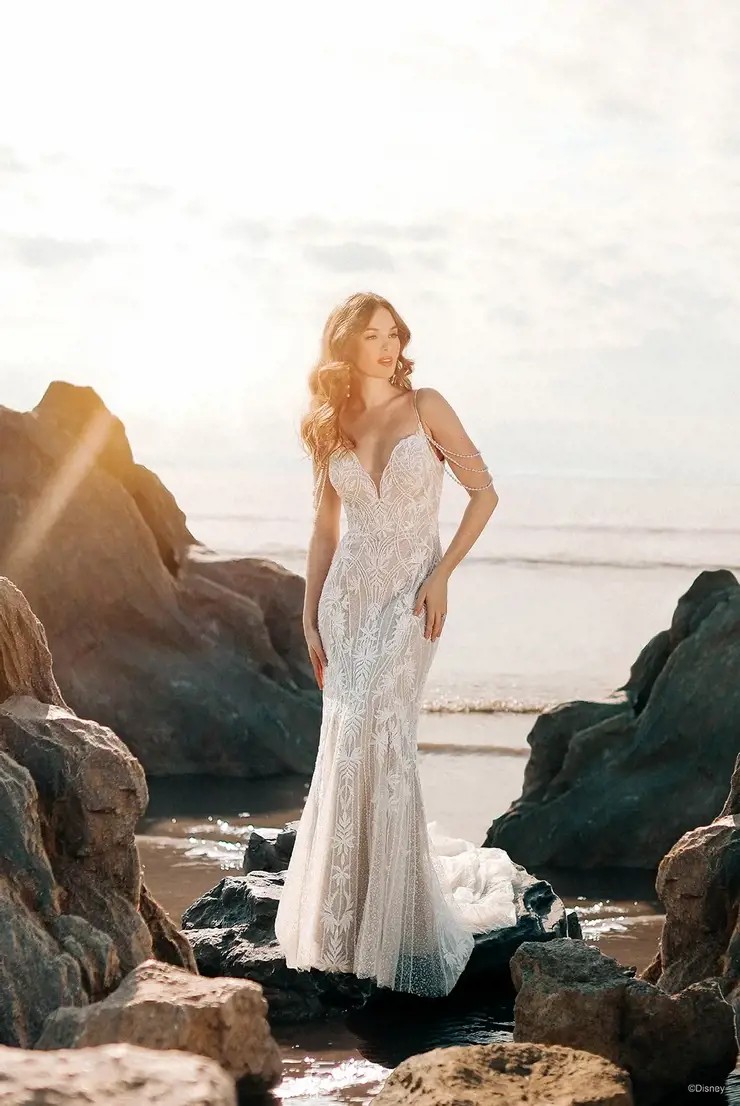 Model wearing white wedding dress