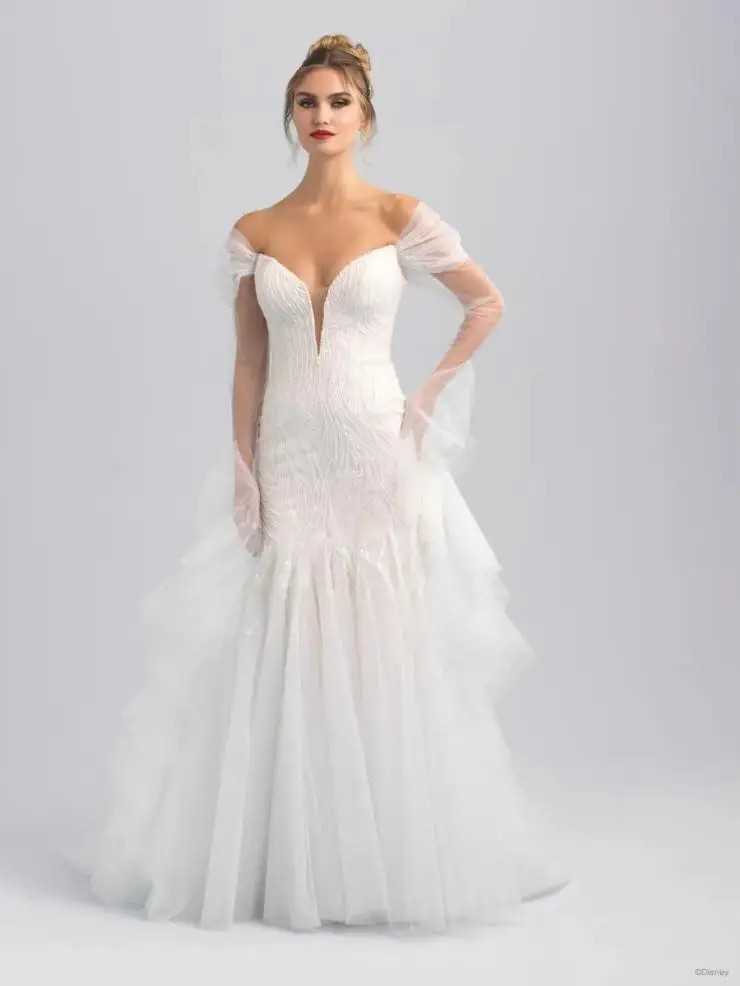 Model wearing white wedding dress