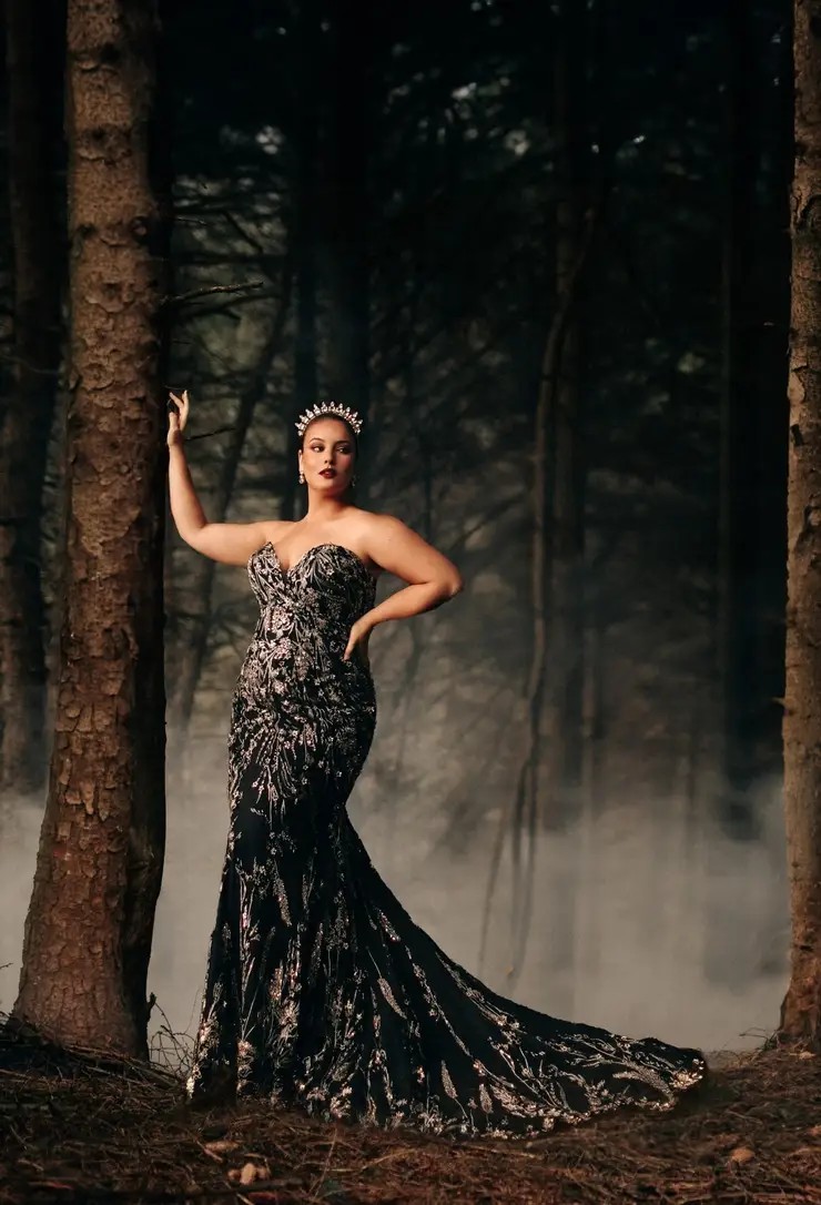 Model wearing black wedding gown
