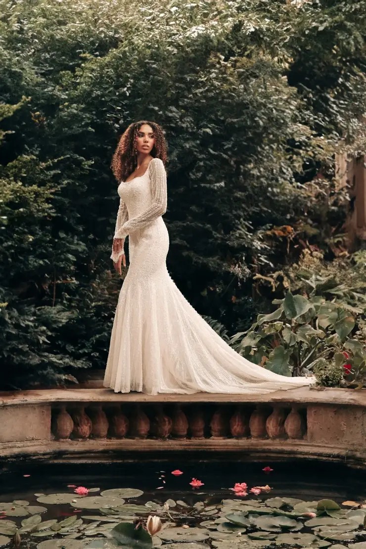 Model wearing white wedding dress