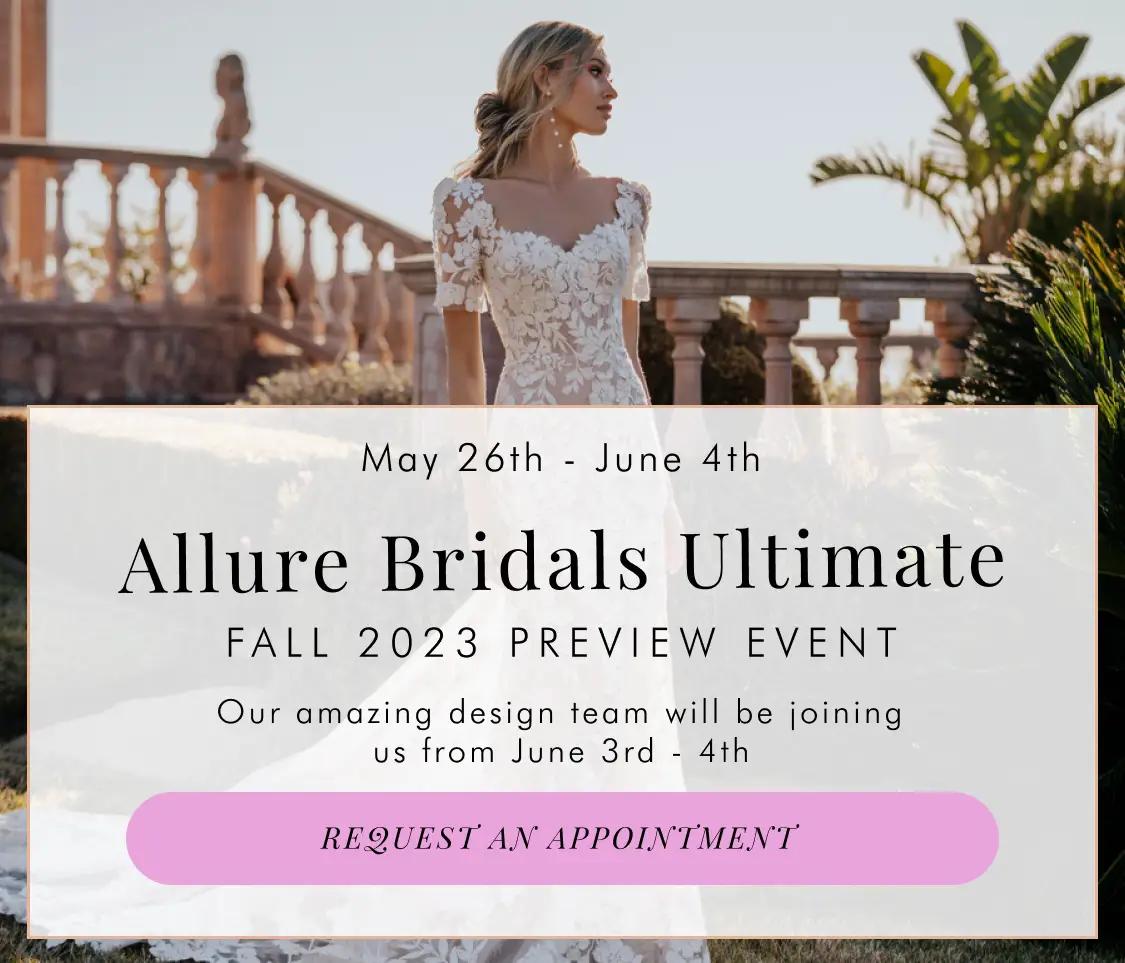 Allure Bridals 2024 collection preview at Trudys Brides. Model wearing bridal gown.