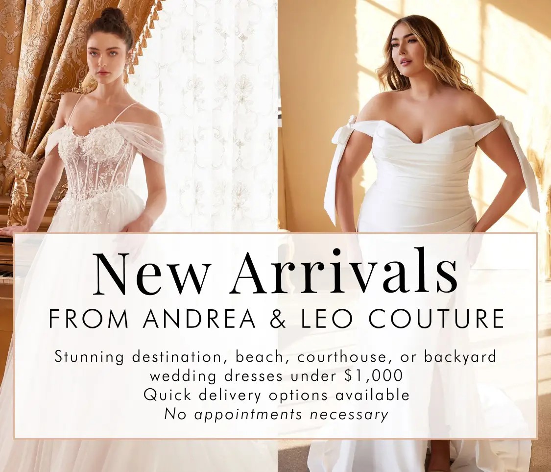 Andrea & Leo Couture affordable wedding dresses. Models wearing wedding dresses. Desktop image.