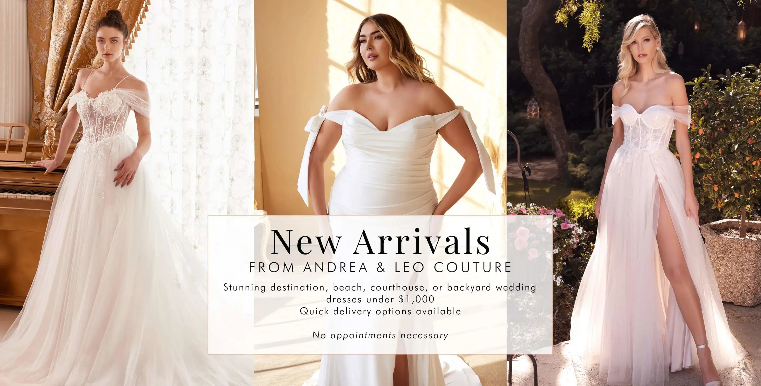 Andrea & Leo Couture affordable wedding dresses. Models wearing wedding dresses. Desktop image.