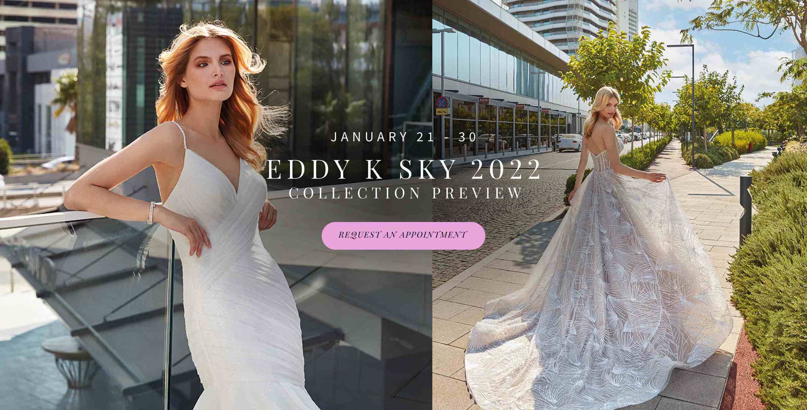 Eddy K Sky 2022 collection preview at Trudys Brides. Desktop Image.