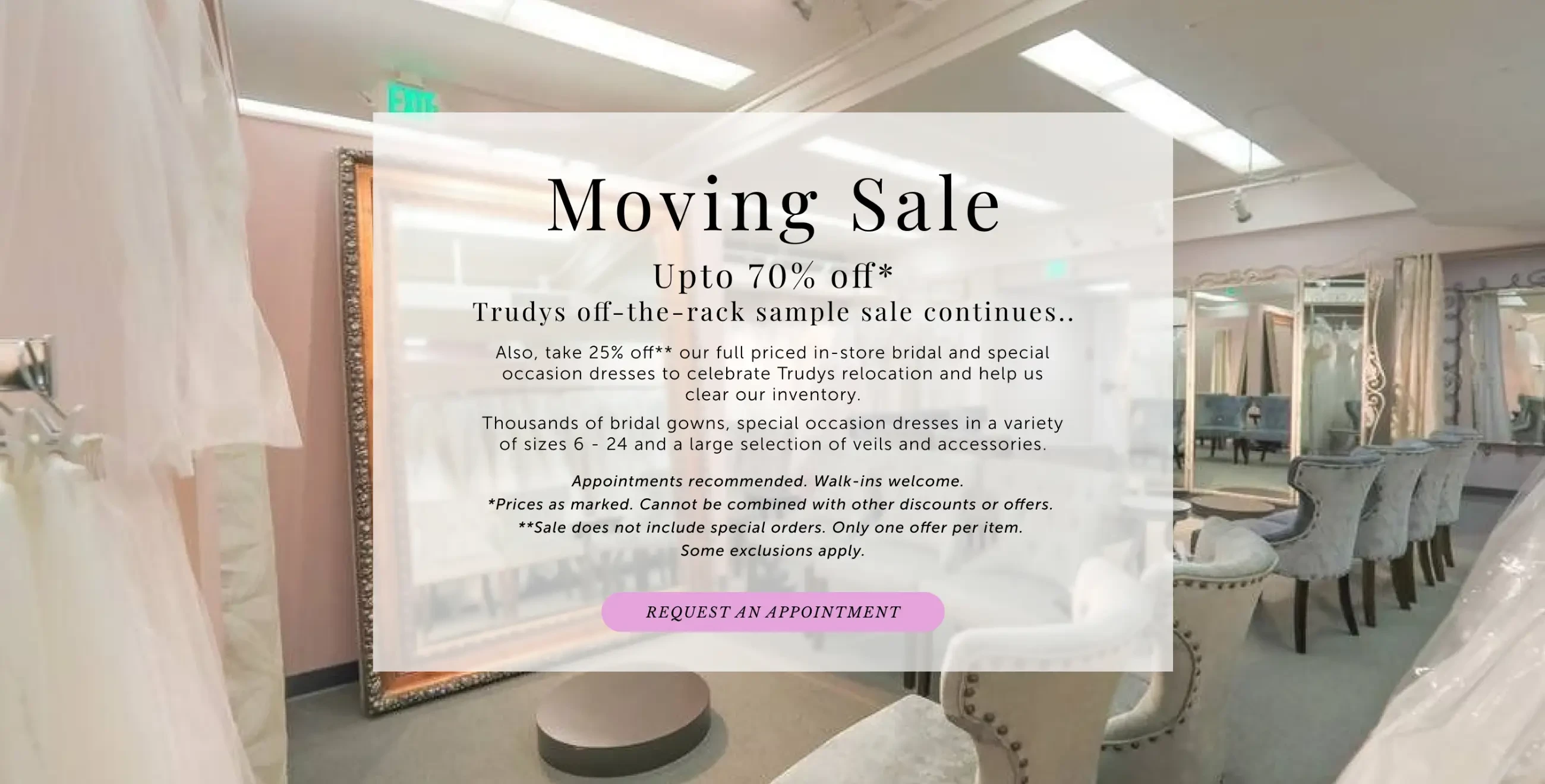 Moving sale banner for Trudys Brides