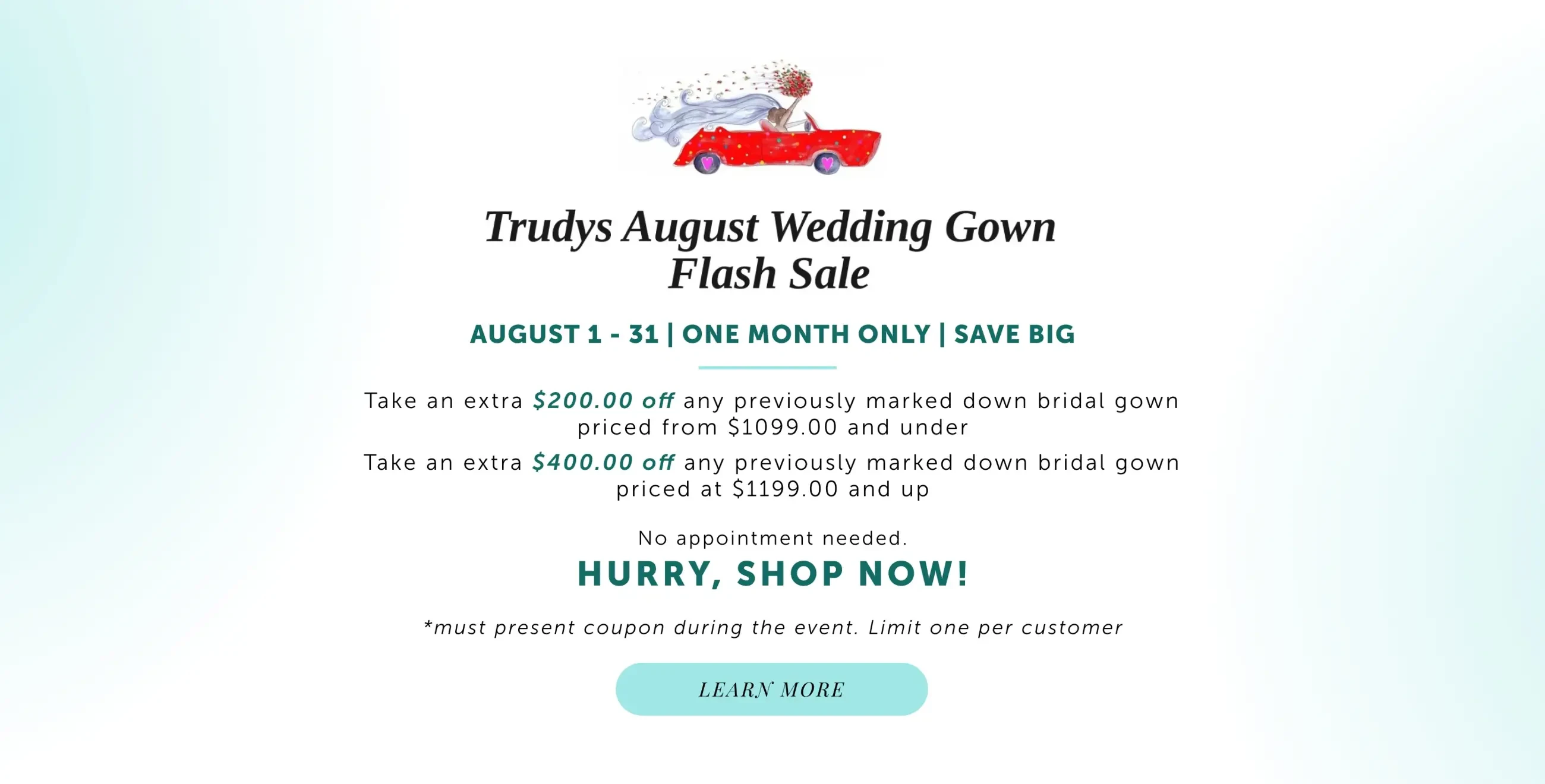 August sale at Trudys Brides