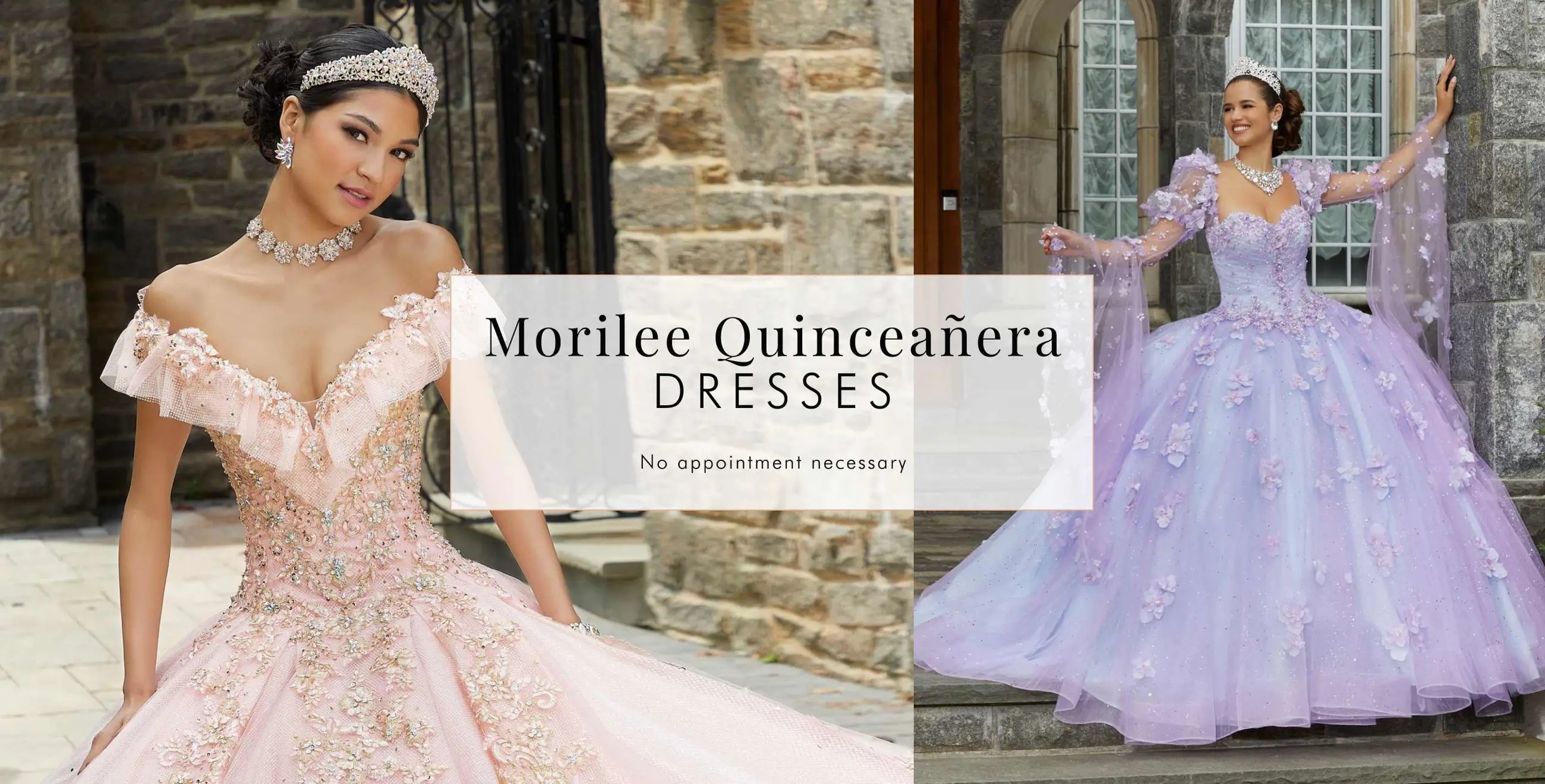 Morilee Quinceañera Dresses at Trudys Brides. Models wearing quinceañera dresses. Desktop image.