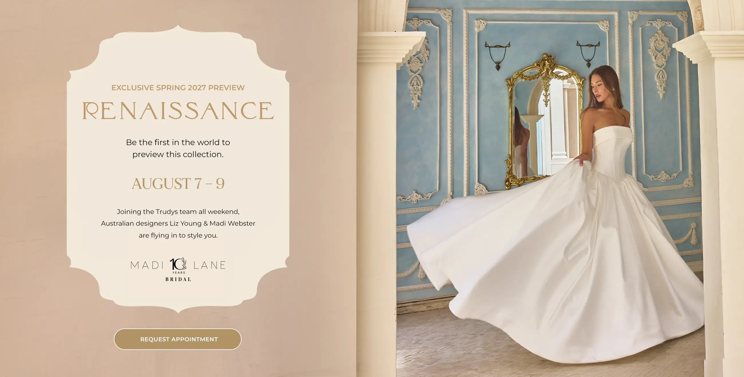 Madi Lane event banner at Trudys Brides