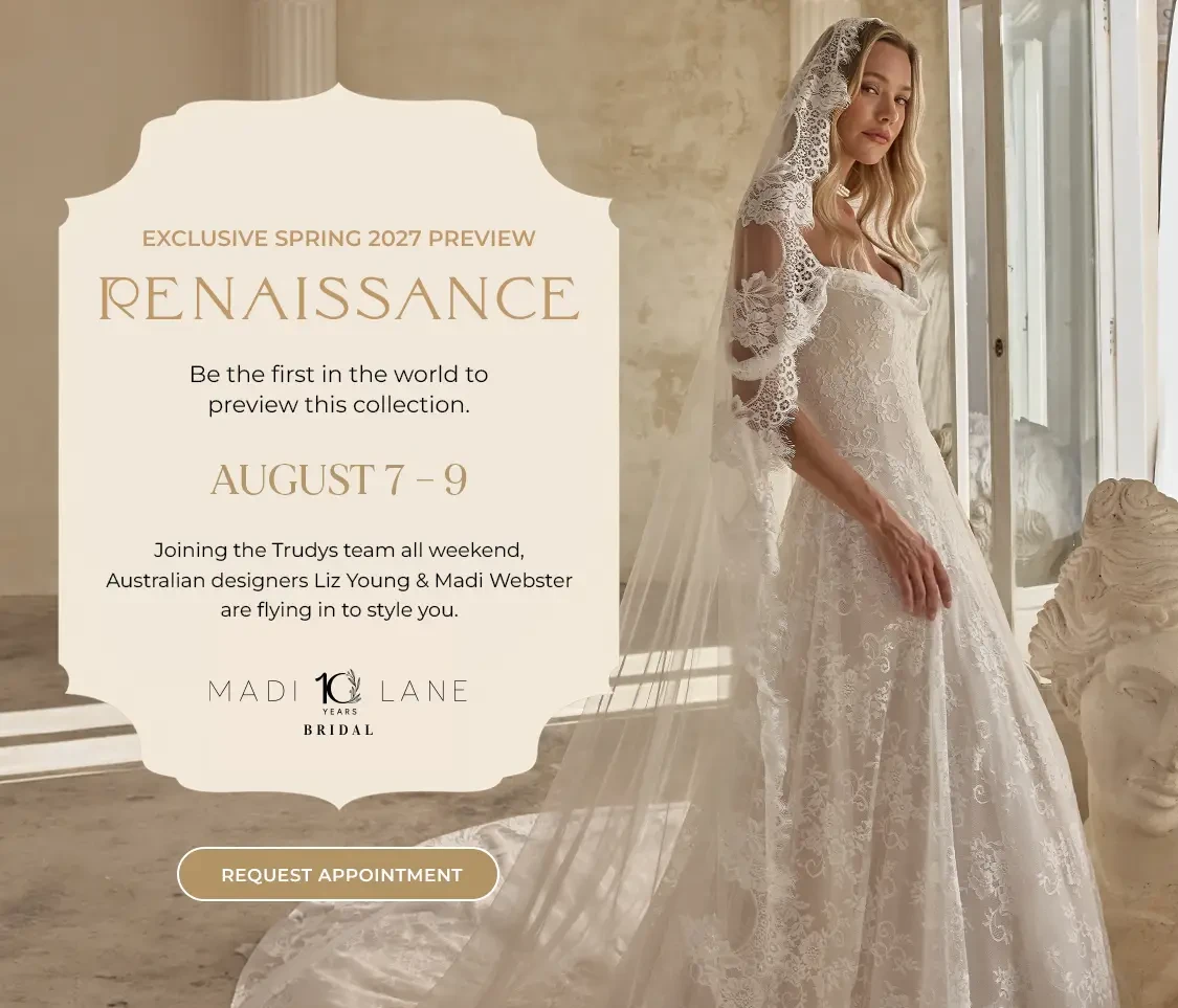 Madi Lane event banner at Trudys Brides